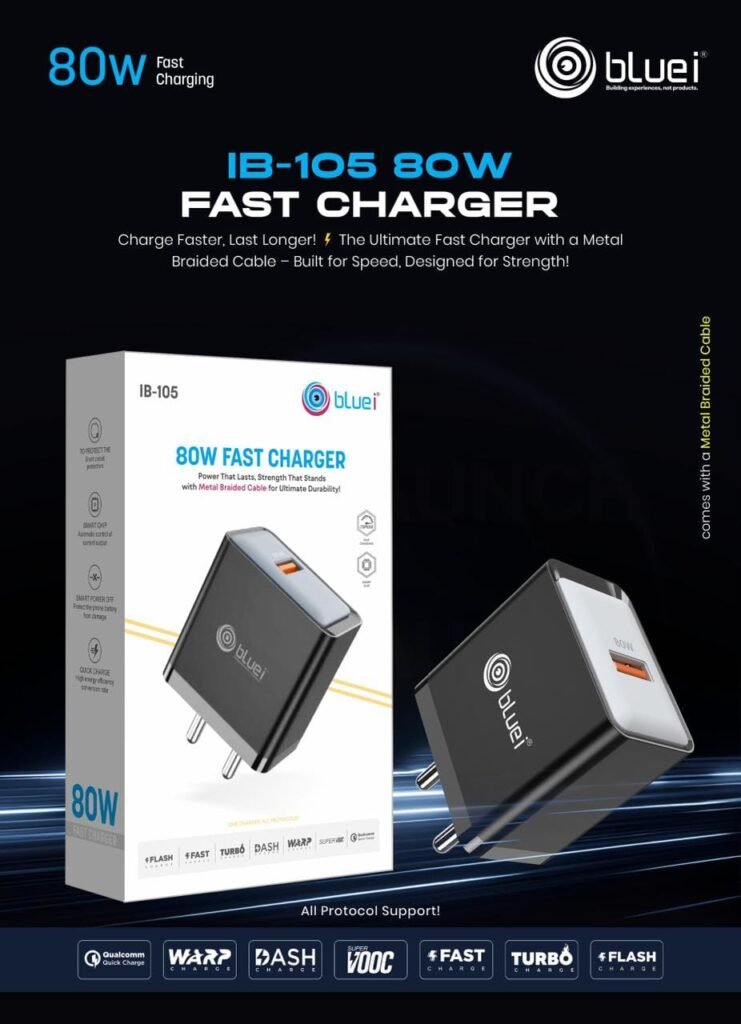 80W Fast Charger With USB-C Cable Blue i