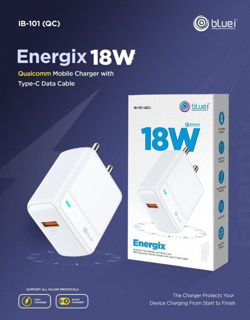 18W Qualcomm Mobile Charger With USB-C Cable Blue i